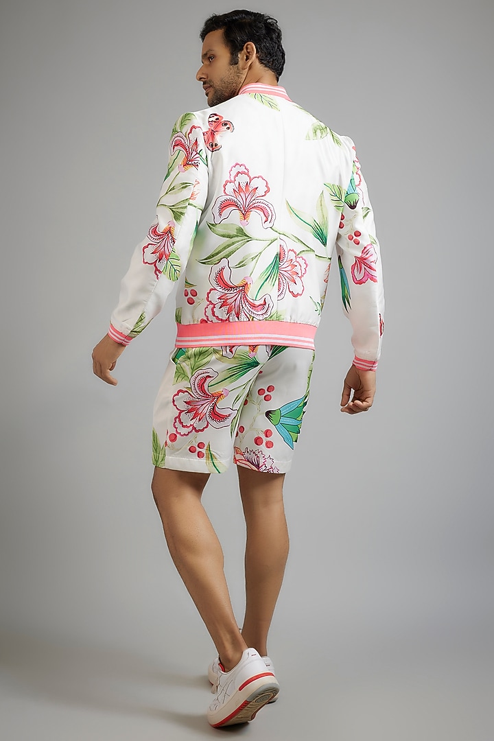 White Modal Silk Floral Printed Bomber Jacket Set by sharad raghav men at Pernia's Pop Up Shop