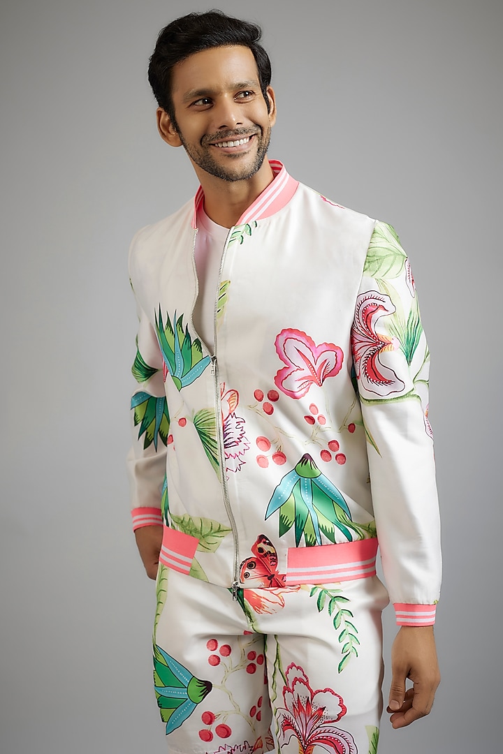 White Modal Silk Floral Printed Bomber Jacket Set by sharad raghav men at Pernia's Pop Up Shop