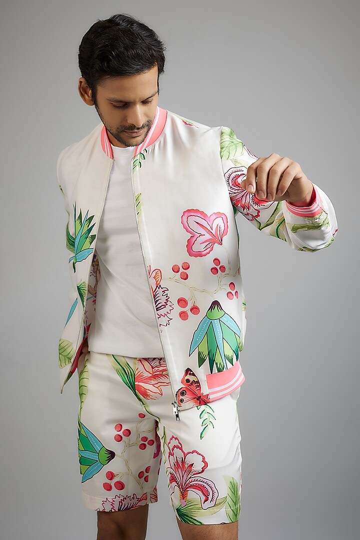 White Modal Silk Floral Printed Bomber Jacket Set by sharad raghav men at Pernia's Pop Up Shop