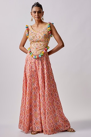 Pink Dola Silk & Polyester Printed Sharara Set by Sharad Raghav