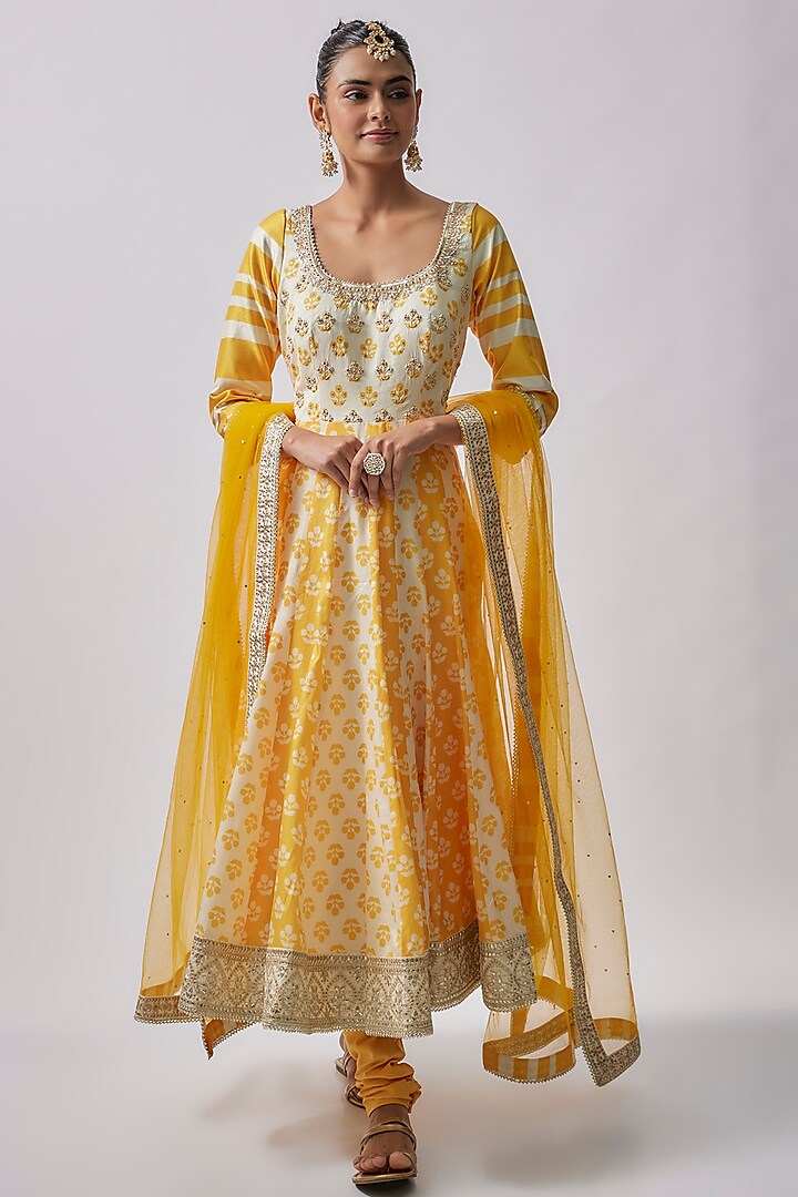 Ivory & Yellow Dola Silk Printed Anarkali Set by Sharad Raghav