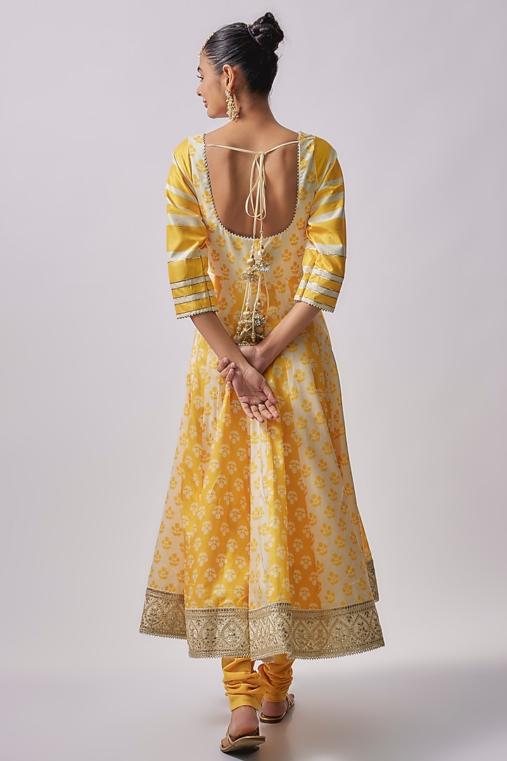 Ivory & Yellow Dola Silk Printed Party Wear Anarkali Set by Sharad Raghav at Pernia's Pop Up Shop