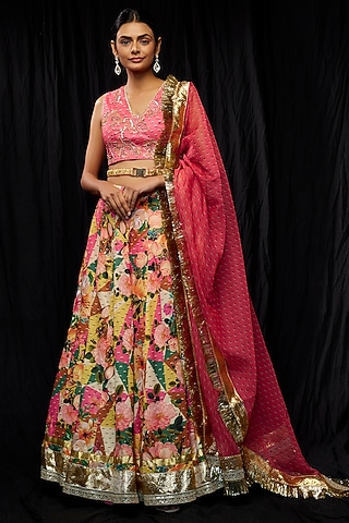 Multi-Colored Dola Silk Printed & Embroidered Lehenga Set by Sharad Raghav