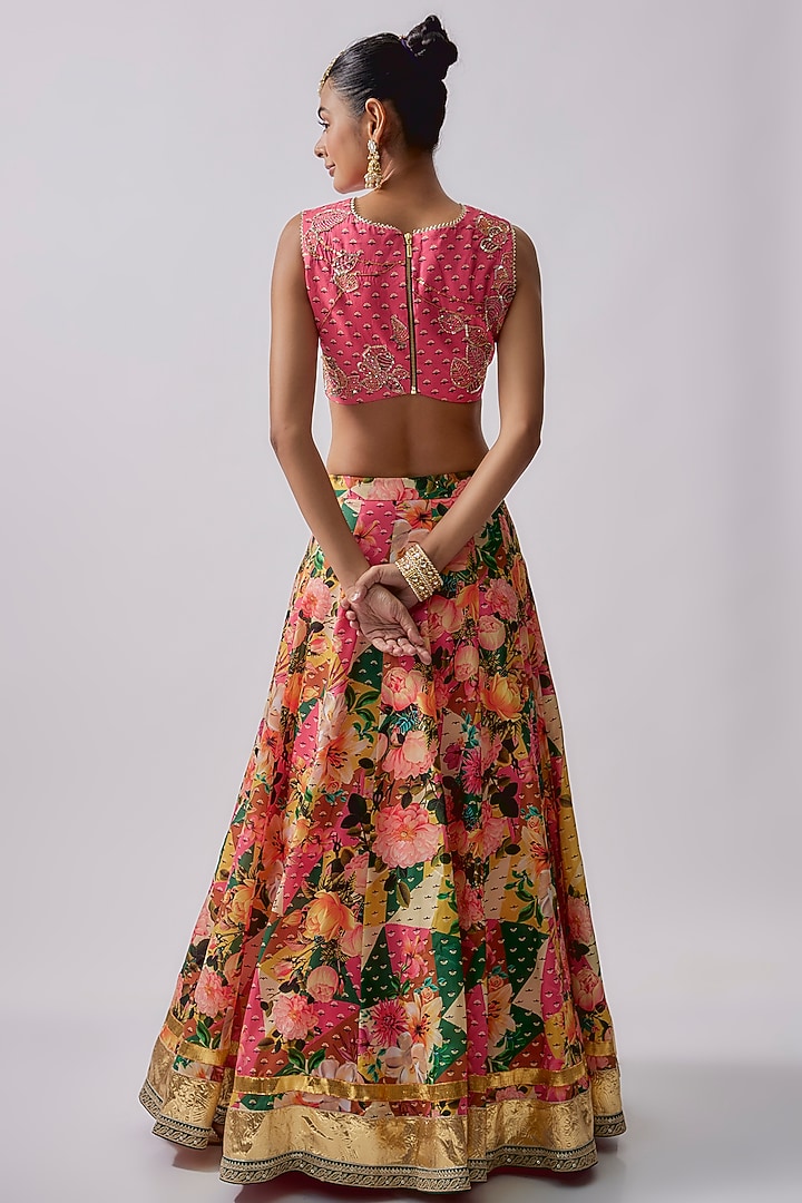 Multi-Colored Dola Silk Printed & Embroidered Lehenga Set by Sharad Raghav at Pernia's Pop Up Shop