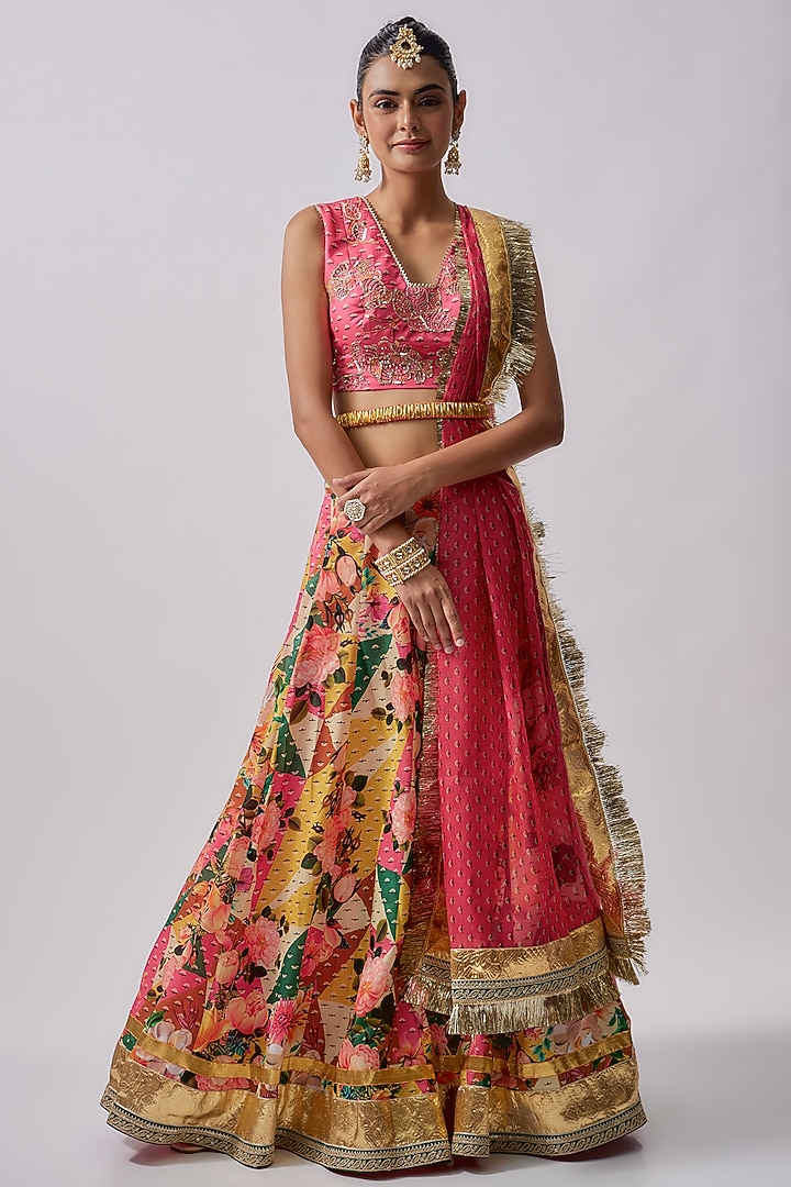 Multi-Colored Dola Silk Printed & Embroidered Lehenga Set by Sharad Raghav at Pernia's Pop Up Shop