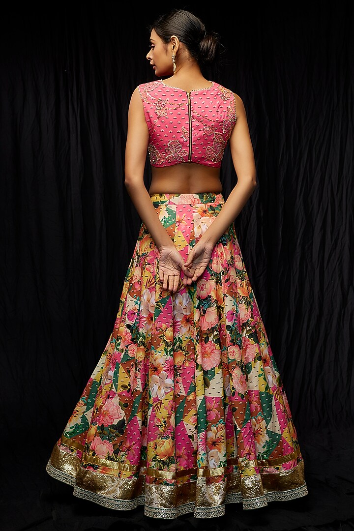 Multi-Colored Dola Silk Printed & Embroidered Lehenga Set by Sharad Raghav at Pernia's Pop Up Shop