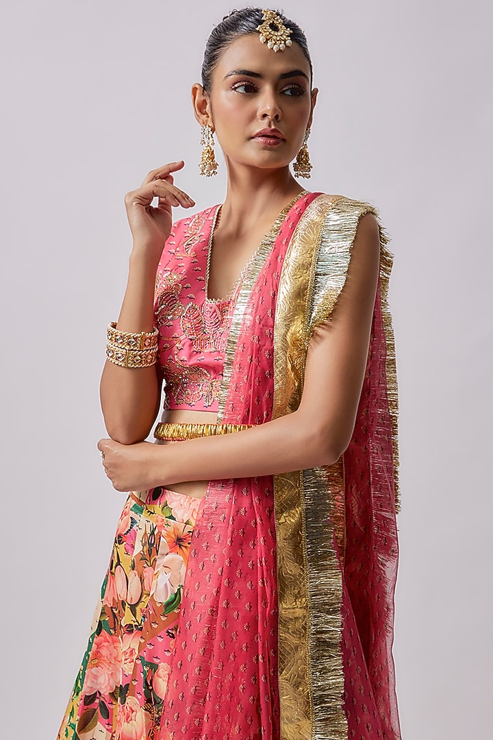 Multi-Colored Dola Silk Printed & Embroidered Lehenga Set by Sharad Raghav at Pernia's Pop Up Shop