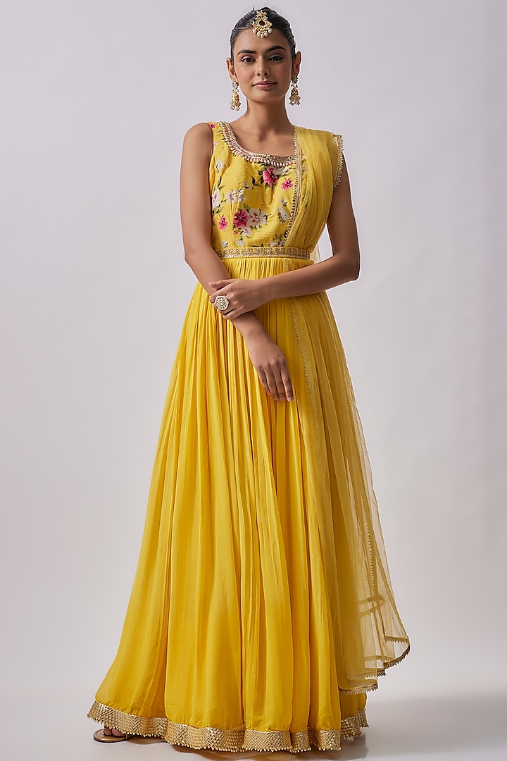 Yellow Dola Silk Printed & Embroidered Anarkali Set by Sharad Raghav