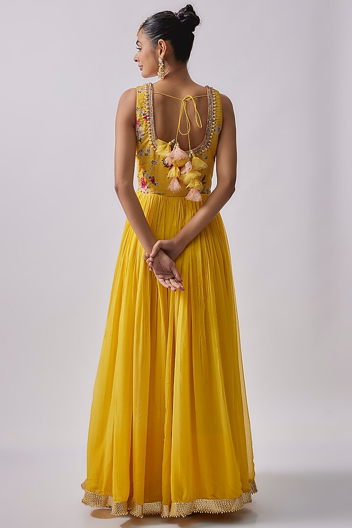 Yellow Dola Silk Printed & Embroidered Party Wear Anarkali Set by Sharad Raghav at Pernia's Pop Up Shop