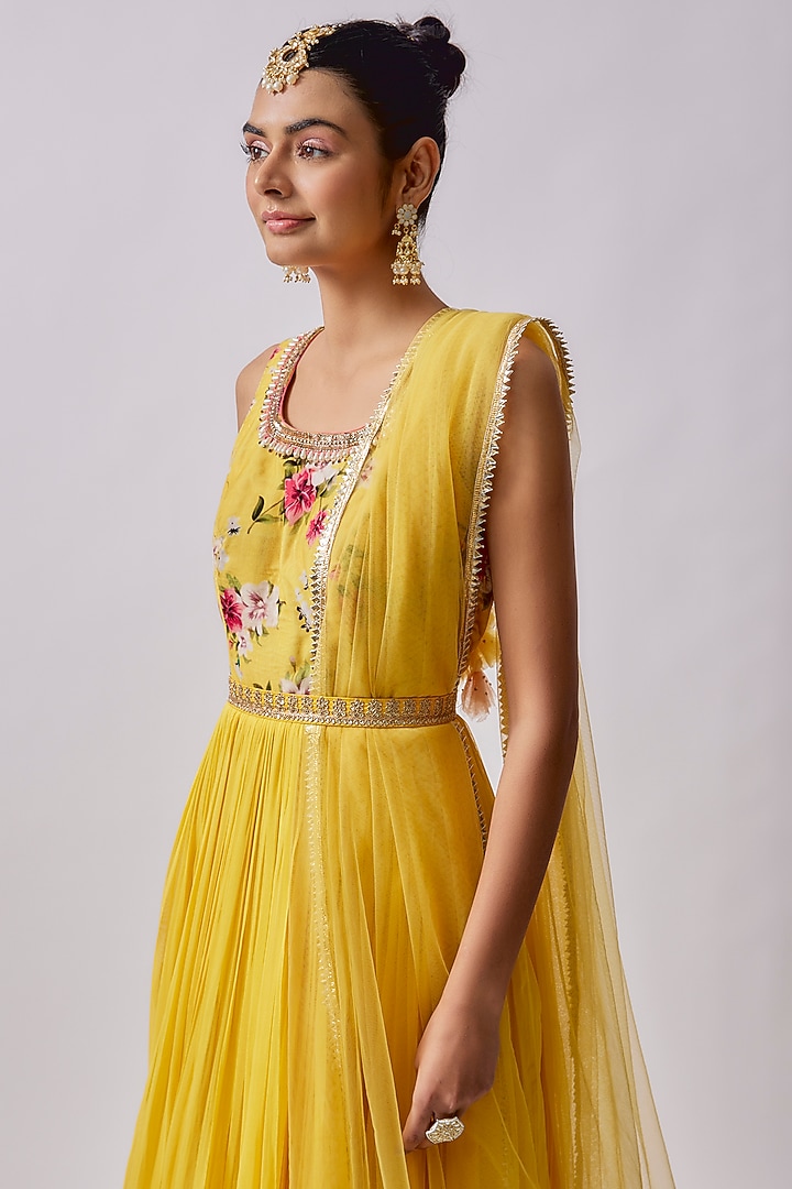 Yellow Dola Silk Printed & Embroidered Party Wear Anarkali Set by Sharad Raghav at Pernia's Pop Up Shop