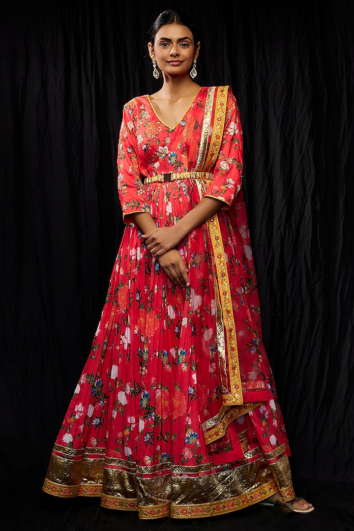 Red Dola Silk Printed & Embroidered Anarkali Set by Sharad Raghav