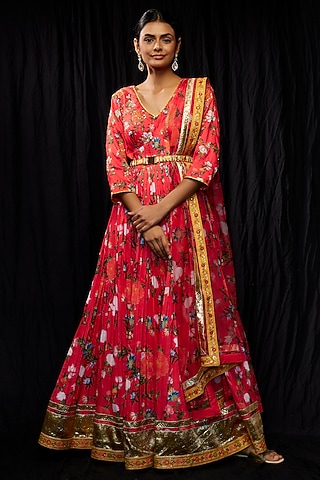 Red Dola Silk Printed & Embroidered Anarkali Set by Sharad Raghav