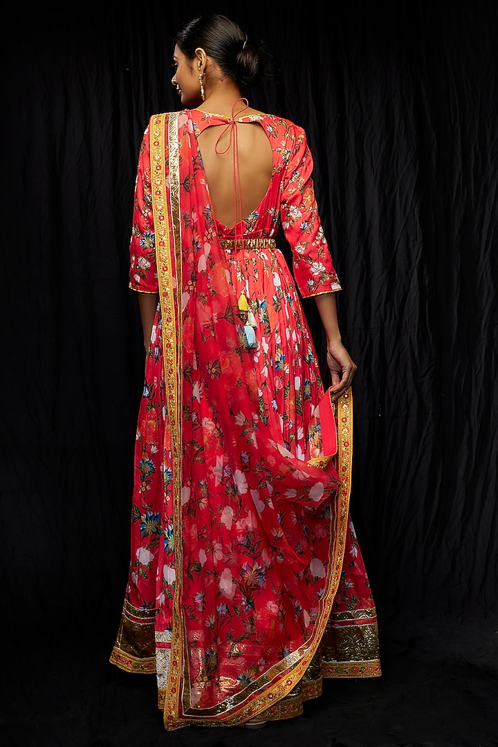 Red Dola Silk Printed & Embroidered Party Wear Anarkali Set by Sharad Raghav at Pernia's Pop Up Shop