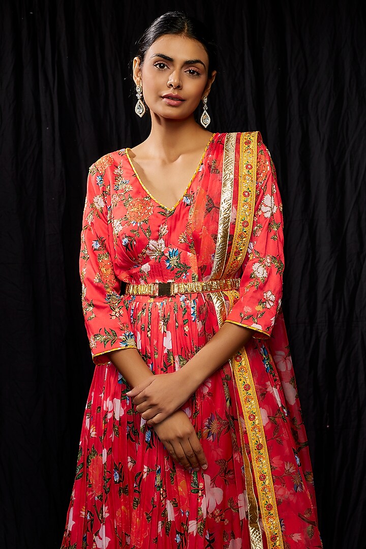 Red Dola Silk Printed & Embroidered Party Wear Anarkali Set by Sharad Raghav at Pernia's Pop Up Shop