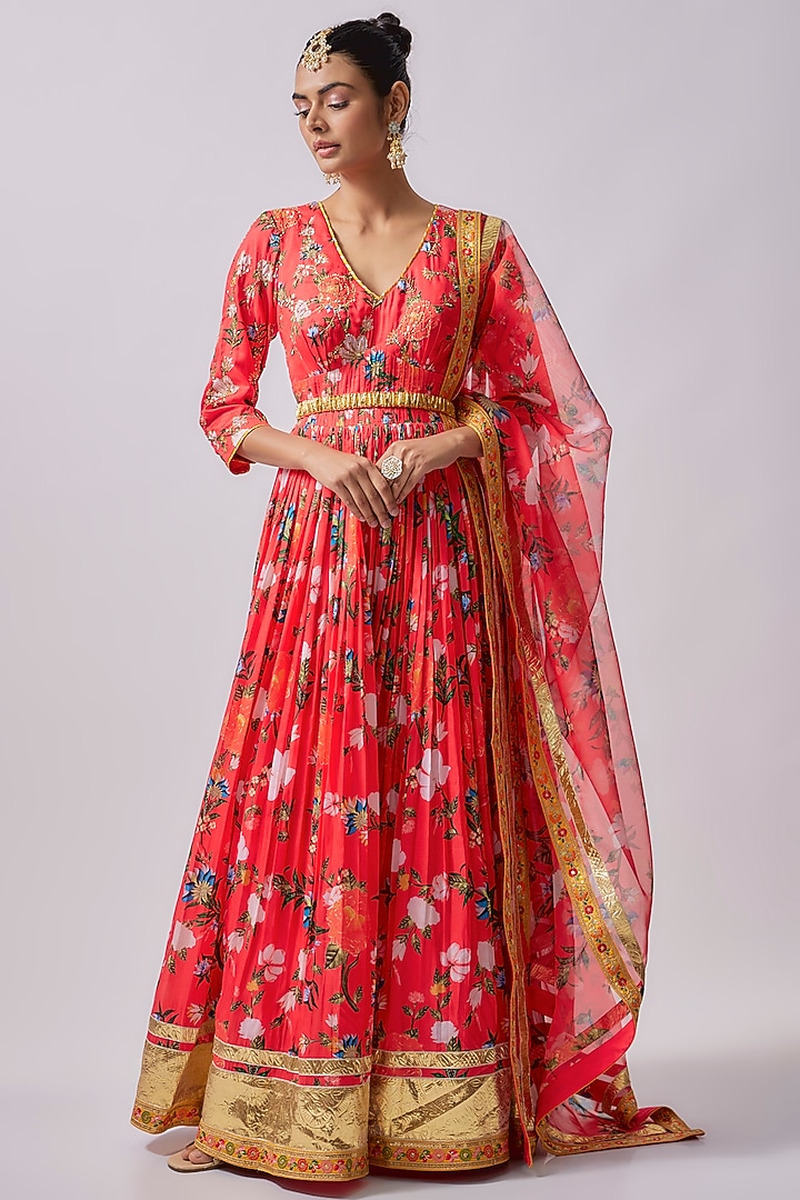 Red Dola Silk Printed & Embroidered Party Wear Anarkali Set by Sharad Raghav at Pernia's Pop Up Shop