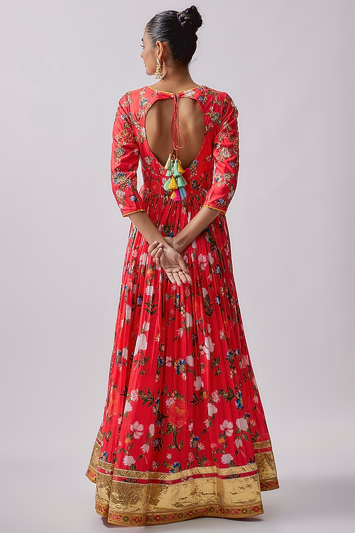 Red Dola Silk Printed & Embroidered Party Wear Anarkali Set by Sharad Raghav at Pernia's Pop Up Shop