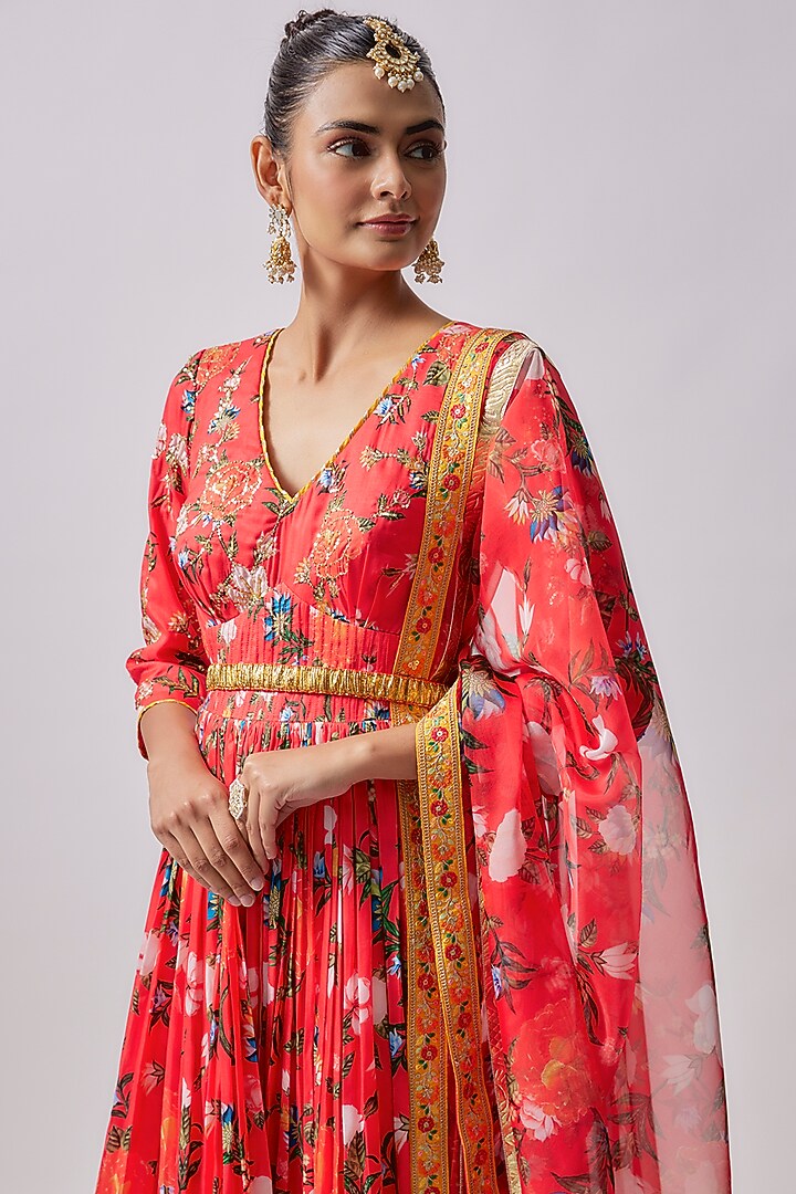 Red Dola Silk Printed & Embroidered Party Wear Anarkali Set by Sharad Raghav at Pernia's Pop Up Shop