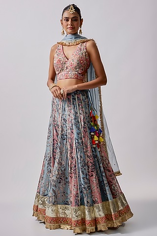 Pink & Grey Cotton Mal Printed Lehenga Set by Sharad Raghav
