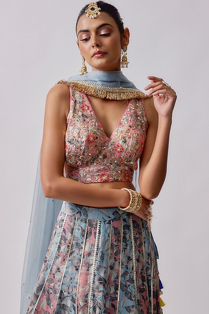 Pink & Grey Cotton Mal Printed Wedding Lehenga Set by Sharad Raghav at Pernia's Pop Up Shop