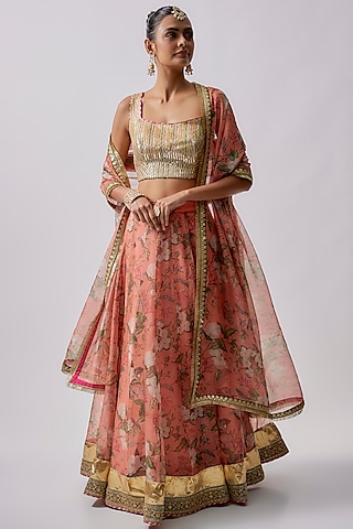 Peach Organza & Polyester Printed Lehenga Set by Sharad Raghav