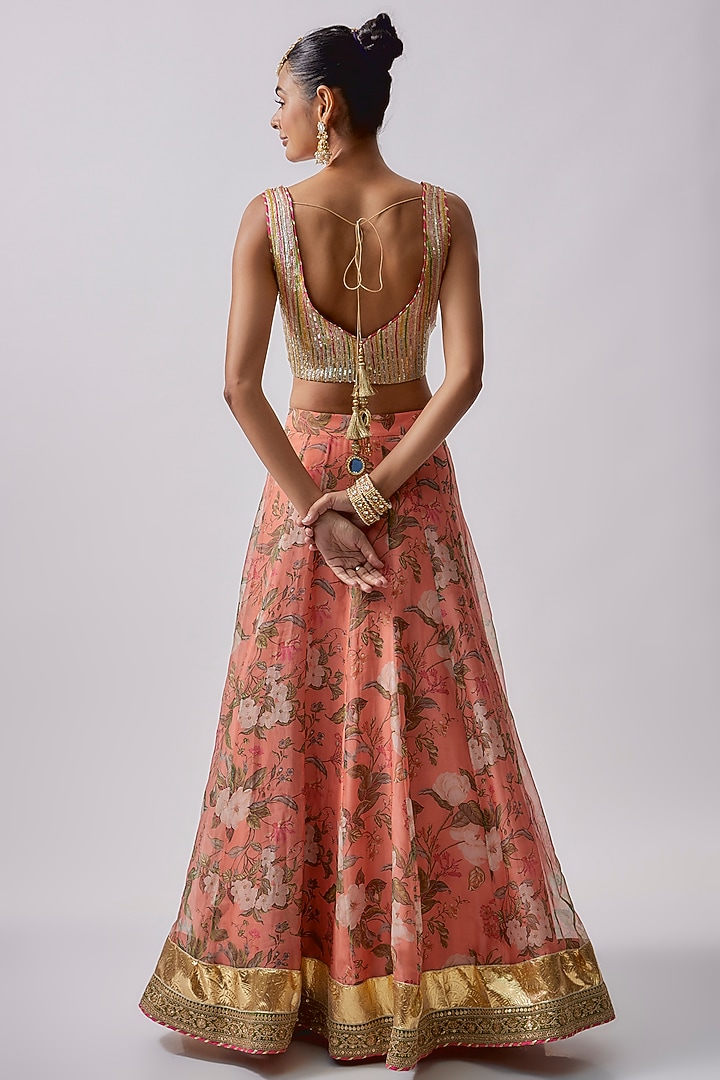 Peach Organza & Polyester Printed Lehenga Set by Sharad Raghav at Pernia's Pop Up Shop