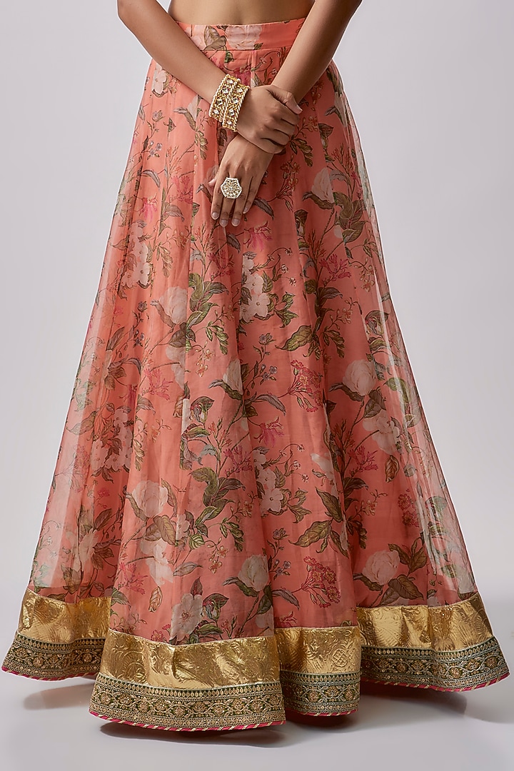 Peach Organza & Polyester Printed Lehenga Set by Sharad Raghav at Pernia's Pop Up Shop