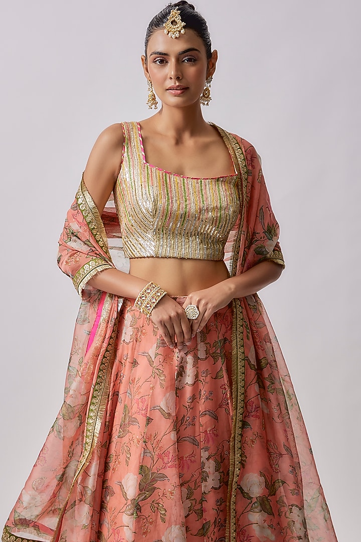 Peach Organza & Polyester Printed Lehenga Set by Sharad Raghav at Pernia's Pop Up Shop