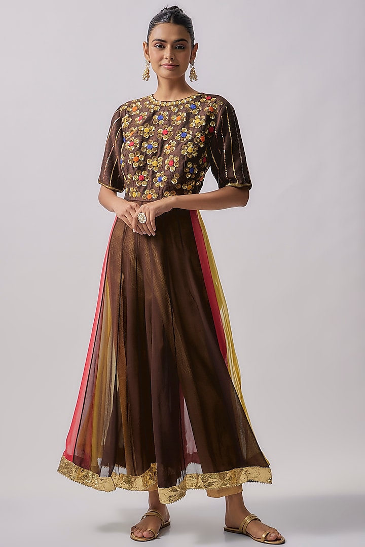 Brown Silk & Polyester Embroidered Anarkali Set by Sharad Raghav