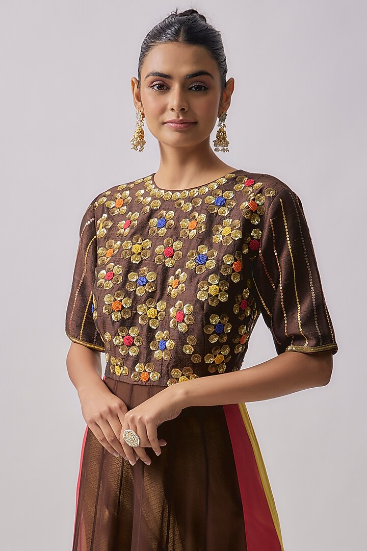 Brown Silk & Polyester Embroidered Party Wear Anarkali Set by Sharad Raghav at Pernia's Pop Up Shop
