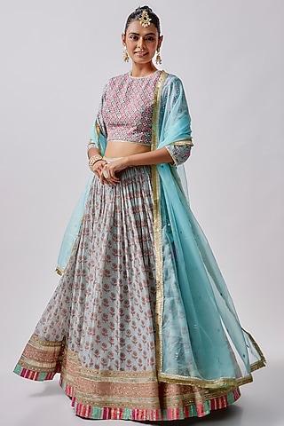 Aqua & Pink Cotton Mal Embroidered Lehenga Set by Sharad Raghav