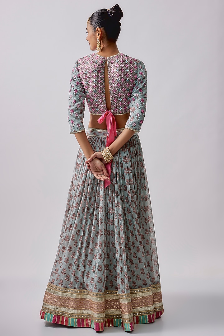 Aqua & Pink Cotton Mal Embroidered Wedding Lehenga Set by Sharad Raghav at Pernia's Pop Up Shop