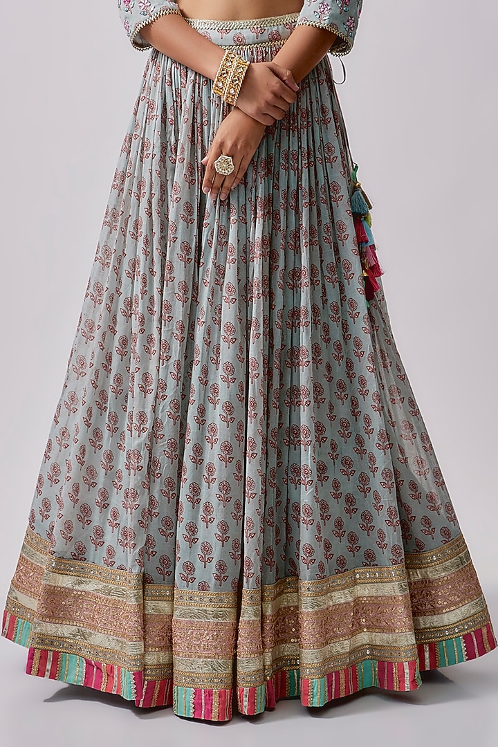 Aqua & Pink Cotton Mal Embroidered Wedding Lehenga Set by Sharad Raghav at Pernia's Pop Up Shop