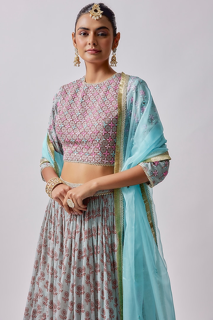 Aqua & Pink Cotton Mal Embroidered Wedding Lehenga Set by Sharad Raghav at Pernia's Pop Up Shop