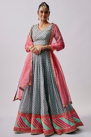 Blue Cotton Mal Embroidered Lehenga Set by Sharad Raghav