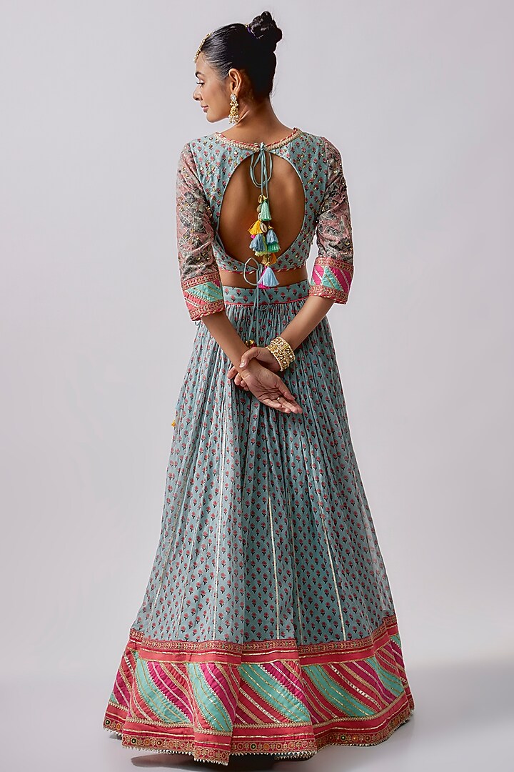 Blue Cotton Mal Embroidered Wedding Lehenga Set by Sharad Raghav at Pernia's Pop Up Shop
