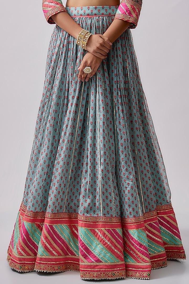 Blue Cotton Mal Embroidered Wedding Lehenga Set by Sharad Raghav at Pernia's Pop Up Shop