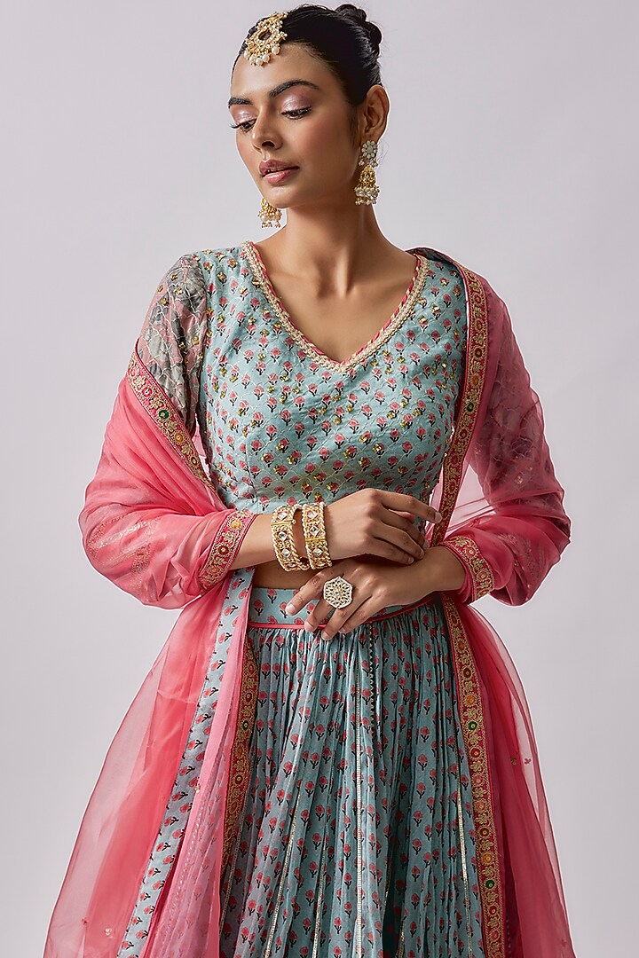 Blue Cotton Mal Embroidered Wedding Lehenga Set by Sharad Raghav at Pernia's Pop Up Shop