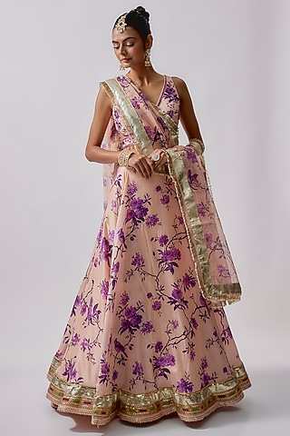 Beige Dola Silk & Polyester Embroidered Lehenga Set by Sharad Raghav