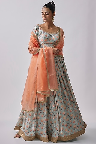 Light Blue Dola Silk & Polyester Embroidered Lehenga Set by Sharad Raghav