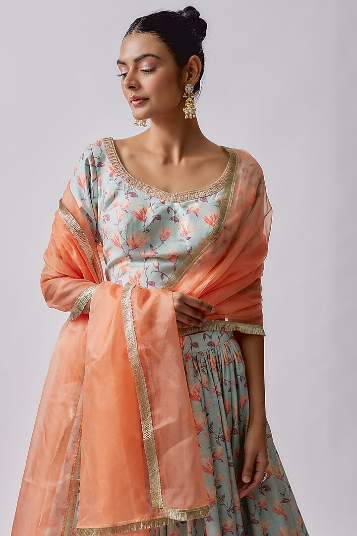 Light Blue Dola Silk & Polyester Embroidered Lehenga Set by Sharad Raghav at Pernia's Pop Up Shop