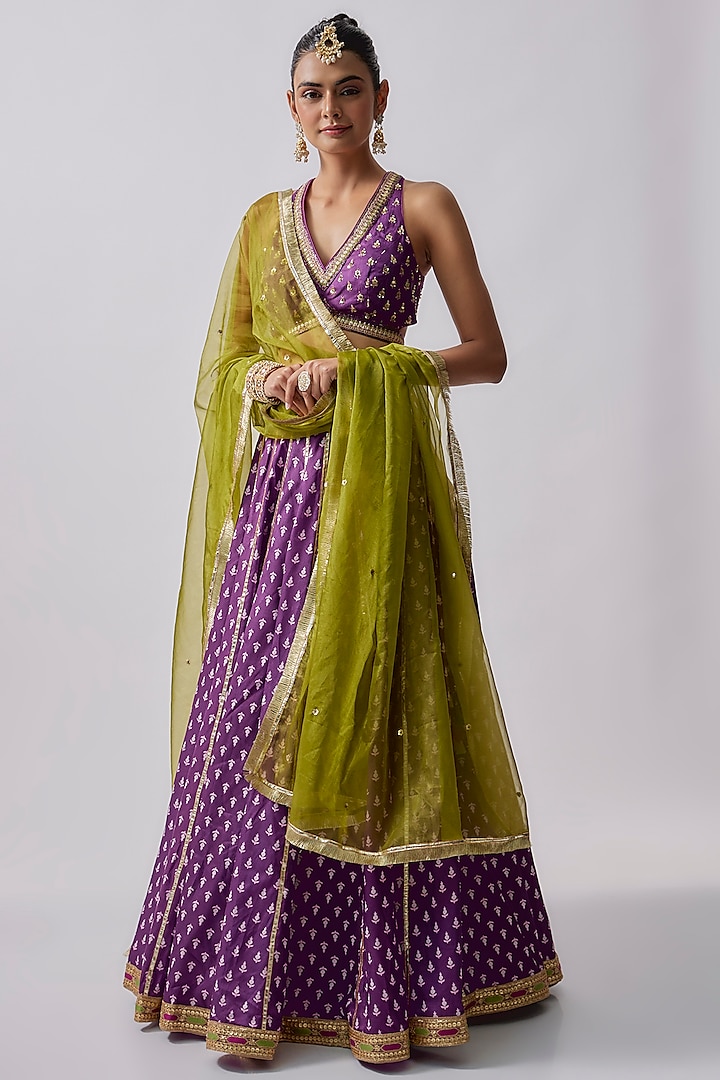 Purple Dola Silk & Polyester Embroidered Lehenga Set by Sharad Raghav