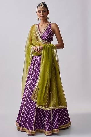 Purple Dola Silk & Polyester Embroidered Lehenga Set by Sharad Raghav