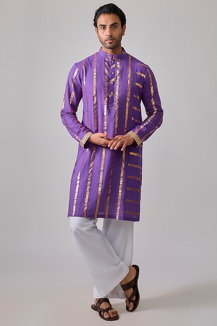 Purple Cotton Zari Stripe Kurta Set by Sharad raghav men at Pernia's Pop Up Shop
