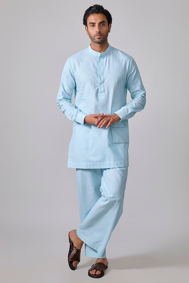 Light Blue Linen Cotton Kurta Set by Sharad raghav men at Pernia's Pop Up Shop