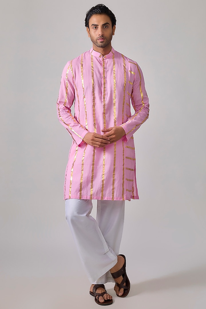 Pink Cotton Lurex Zari Striped Kurta Set by Sharad raghav men at Pernia's Pop Up Shop