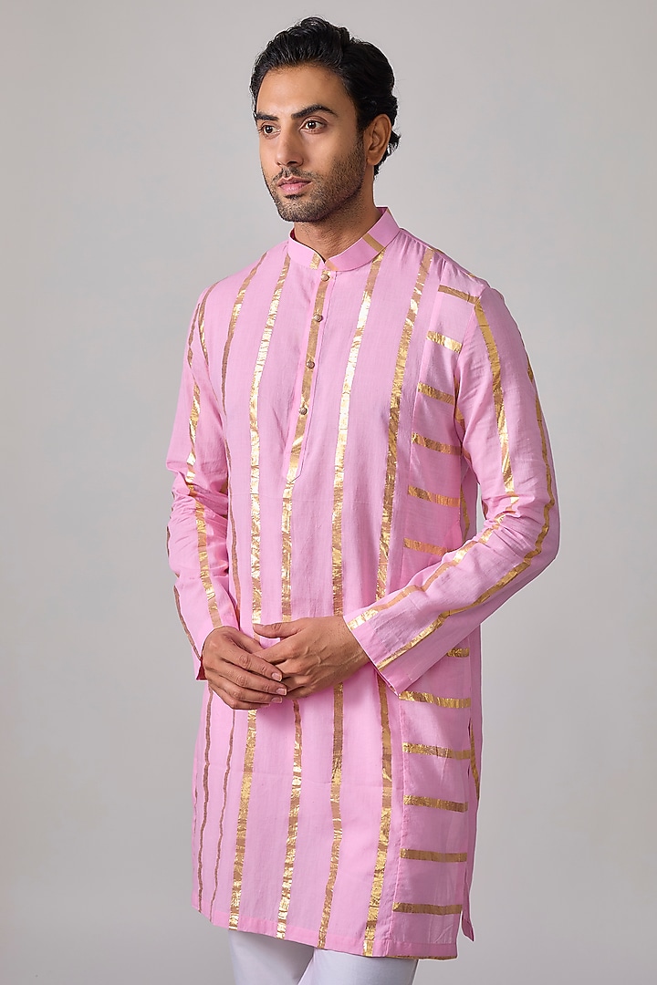 Pink Cotton Lurex Zari Striped Kurta Set by Sharad raghav men at Pernia's Pop Up Shop