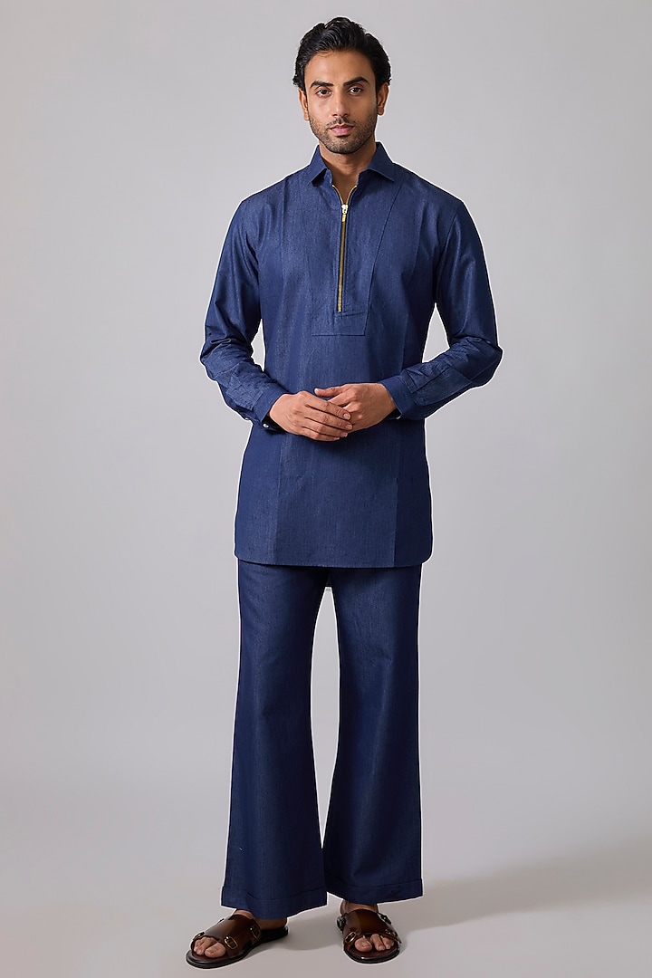 Blue Denim Kurta Set by Sharad raghav men at Pernia's Pop Up Shop