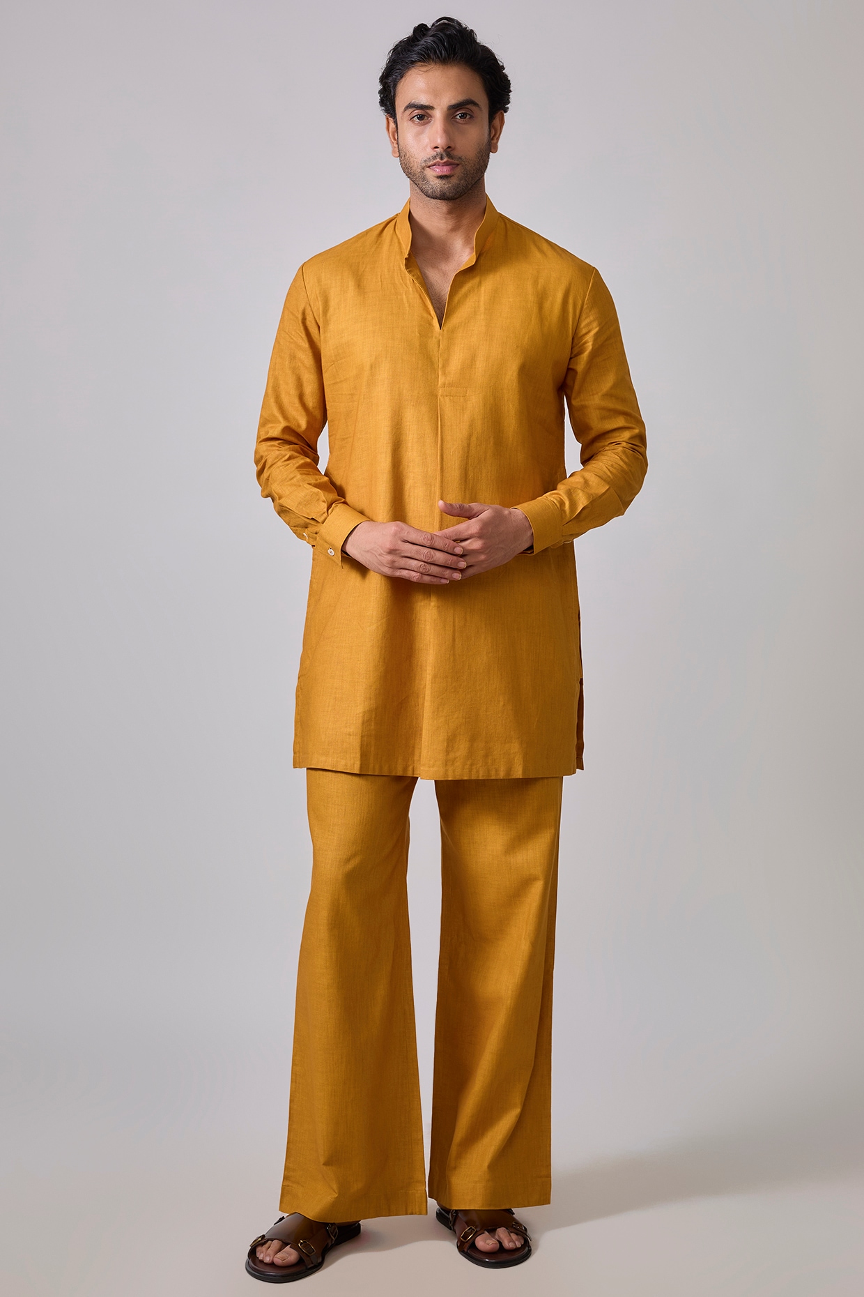 Sharad raghav Mustard Yellow Linen Cotton Kurta Set