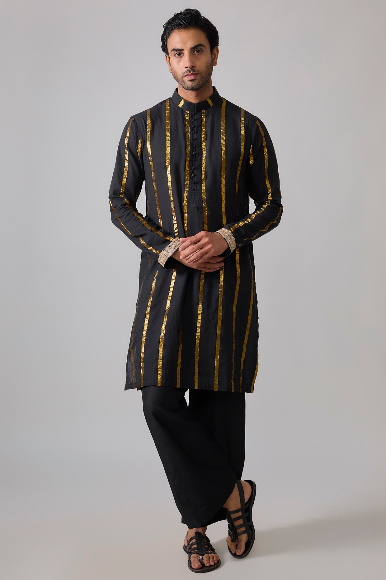 Sharad raghav Black Cotton Lurex Zari Striped Kurta Set