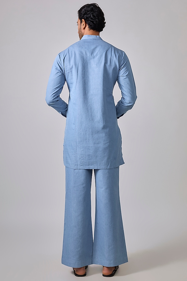 Powder Blue Denim Kurta Set by Sharad raghav men at Pernia's Pop Up Shop